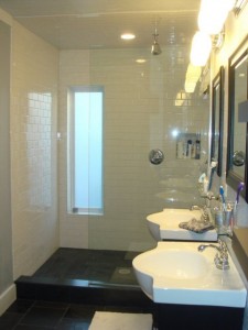 Before & After Bathroom #4 - black and white theme, walk in shower dual vanity and sinks
