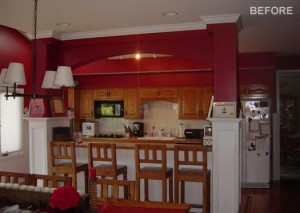 Before and after kitchen - red barn cabinet