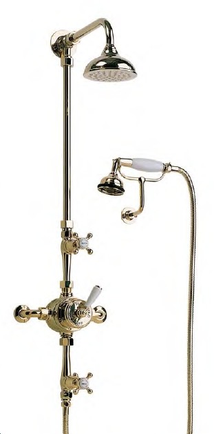 Barber Wilsons Regent Porcelain Lever Exposed Dual Thermostatic Shower with Two Ceramic Disc Volume Controls 5 Inch Rain Head and Hand Spray on Cradle