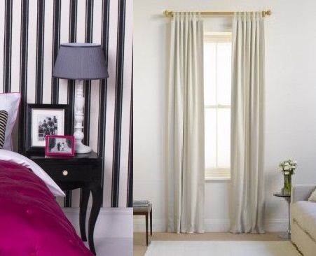 Verticle Striped Wallpaper and Floor Length Curtains