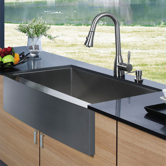 Vigo Platinum Collection Farmhouse Stainless Steel Kitchen Sink Faucet and Dispenser