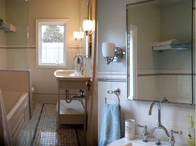 Before & After Bathroom #5 after - victorian style bathroom with chrome faucet, fixtures and lighting