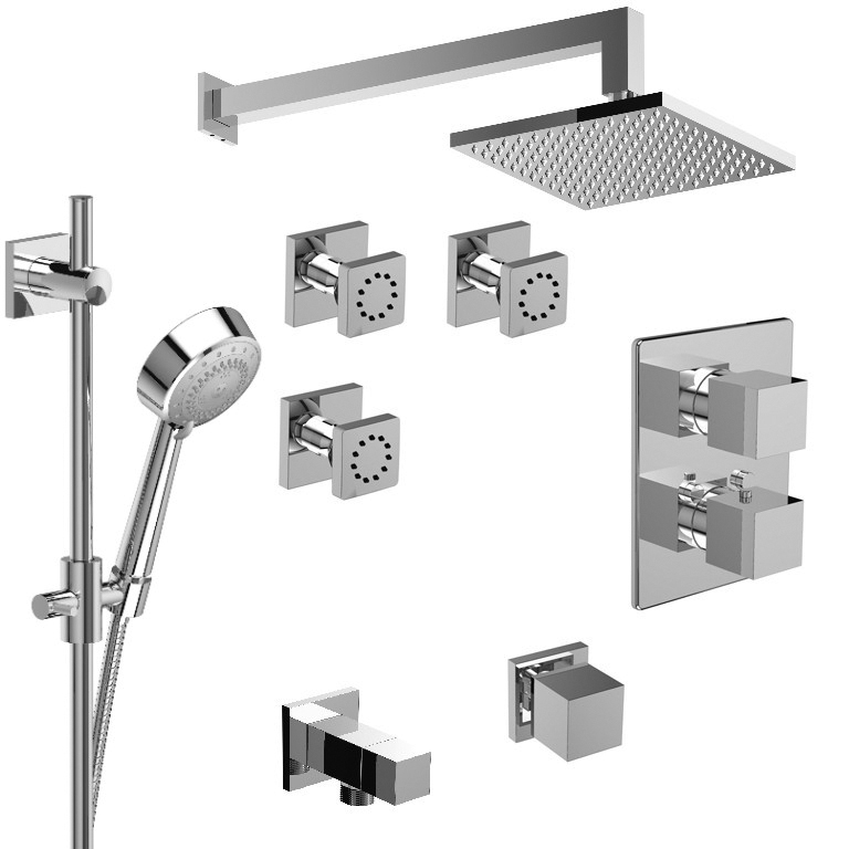 Riobel KS Half Inch Thermostatic-pressure balance system with hand shower rail, 3 body jets and shower head
