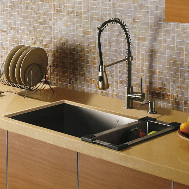 Vigo Platinum Collection Undermount Stainless Steel kitchen sink Faucet, Dispenser, and Colander