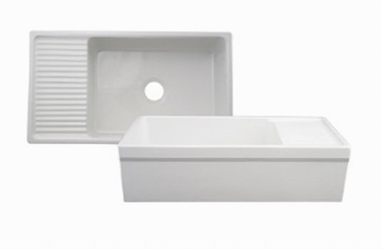 Whitehaus Large Quatro Alcove Reversible Fireclay Sink With Integral Drain Board