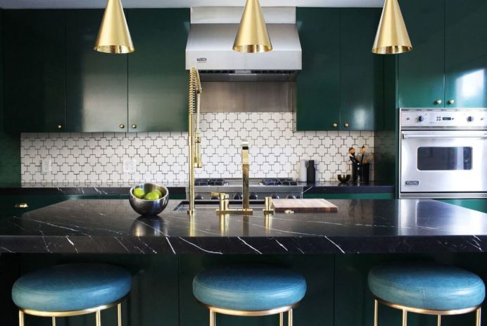 Caitlin McCarthy Design green gold turquoise kitchen